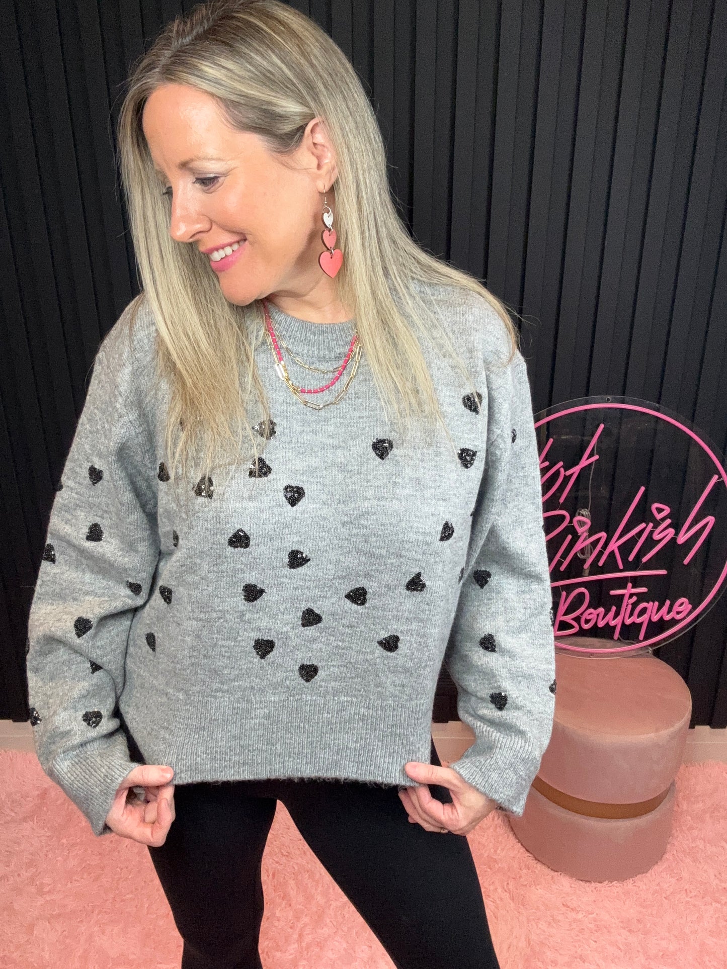 The Sophie Glam Heart Sweater in Grey/Black