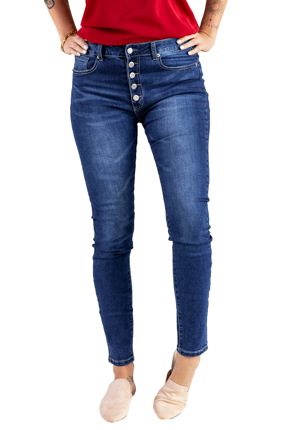 Blue High Rise Skinny Button Fly Jeans