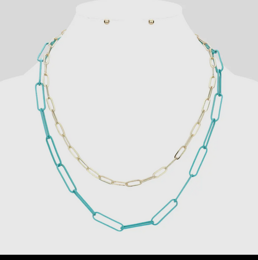 Turquoise and Gold Paper Clip Layered Necklace