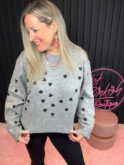 The Sophie Glam Heart Sweater in Grey/Black