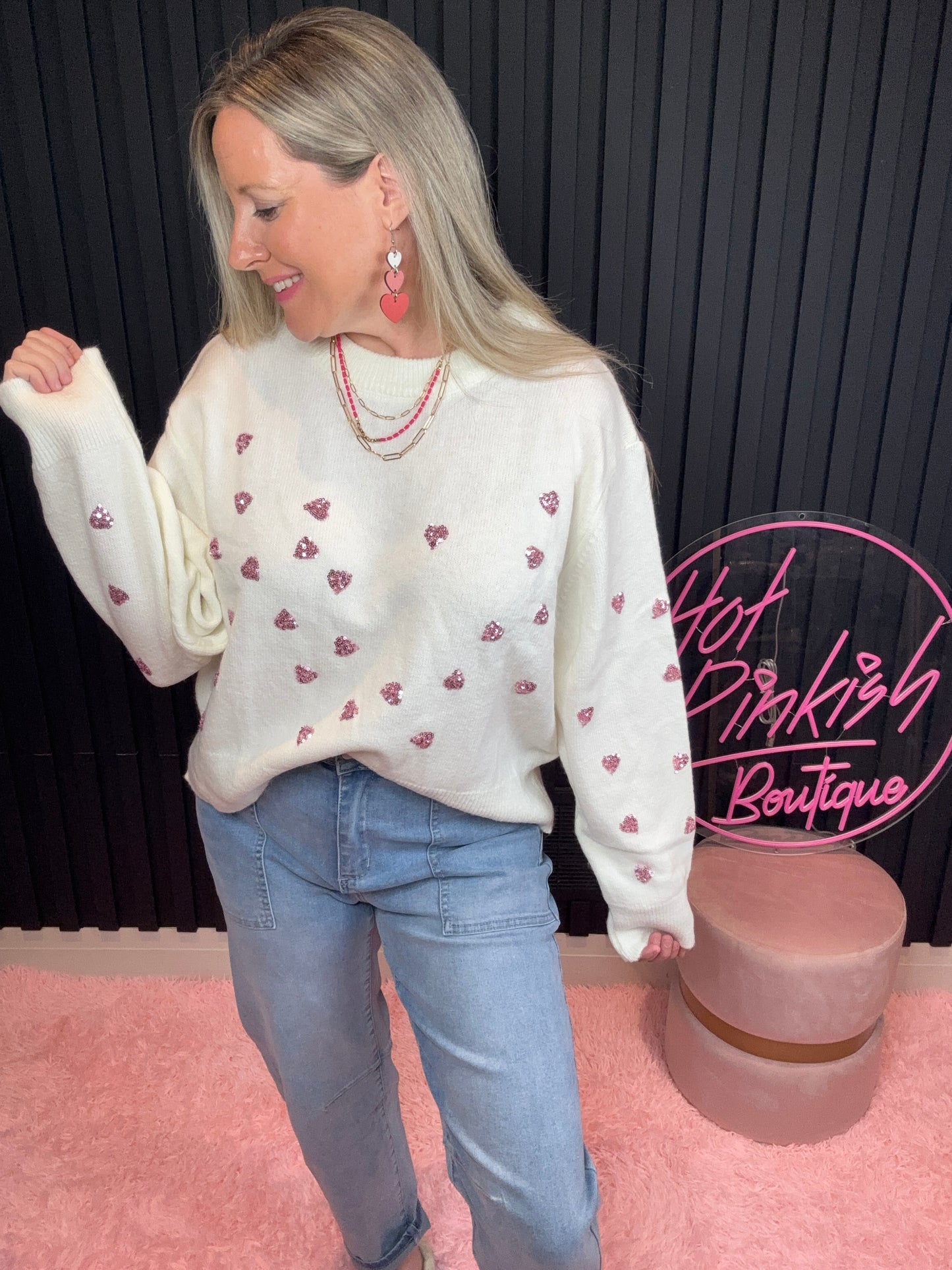The Sophie Glam Heart Sweater in Ivory/Pink