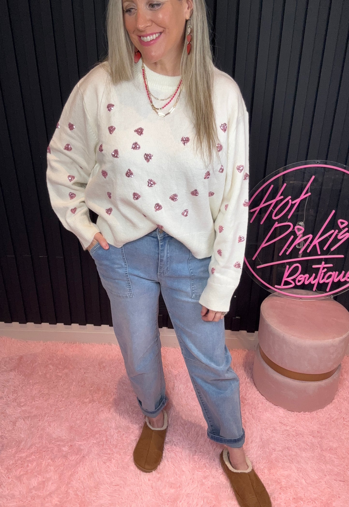 The Sophie Glam Heart Sweater in Ivory/Pink