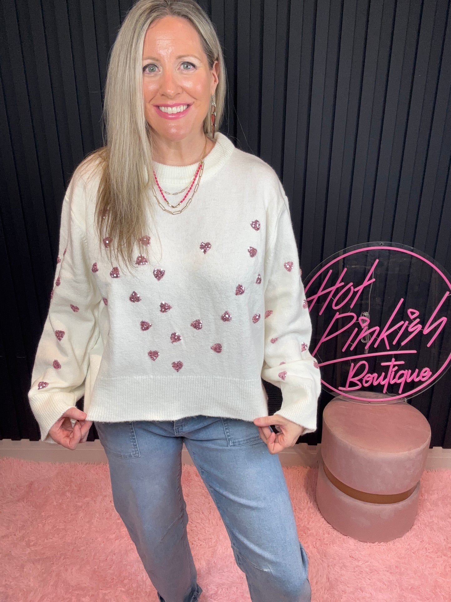 The Sophie Glam Heart Sweater in Ivory/Pink