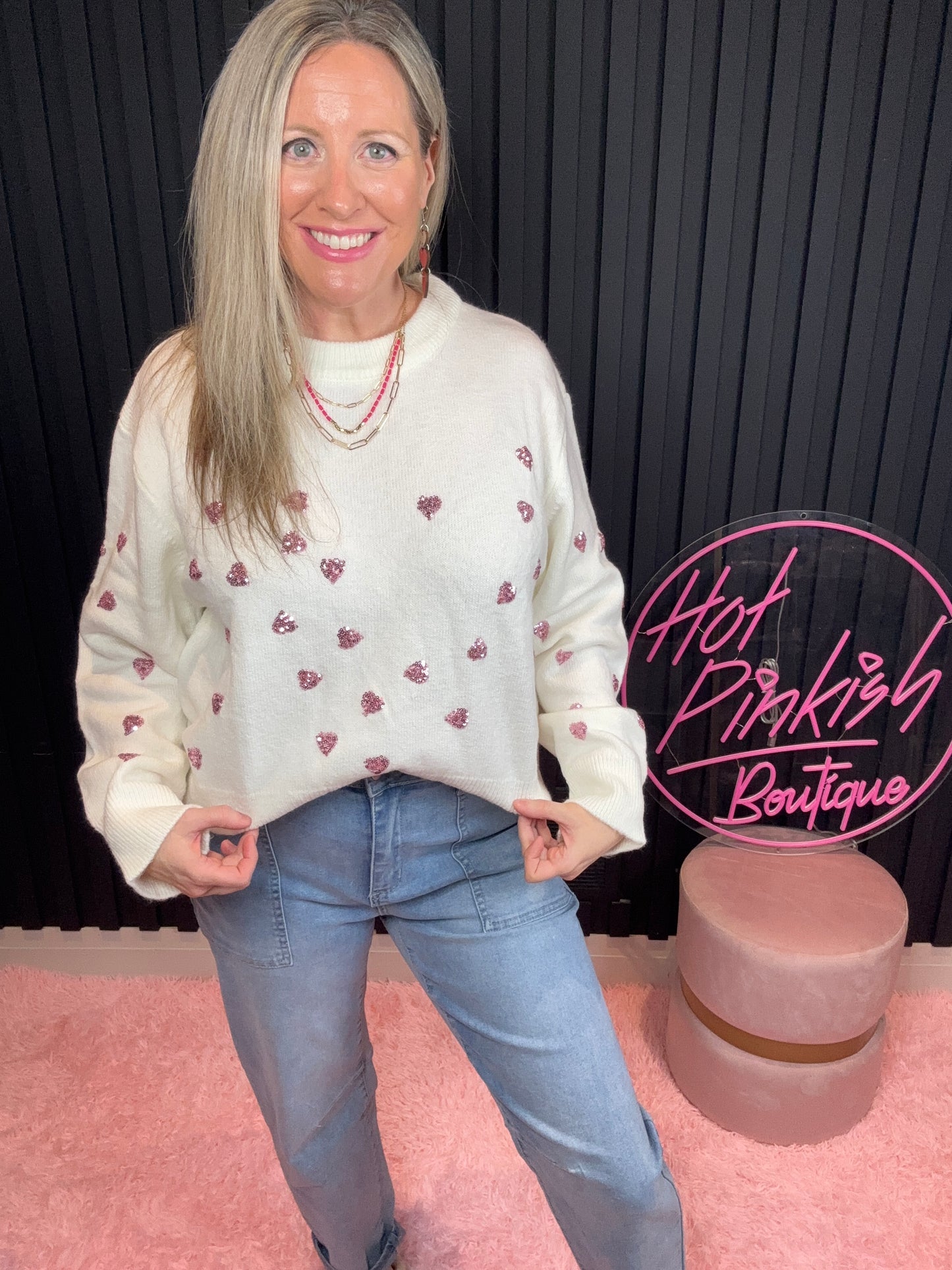 The Sophie Glam Heart Sweater in Ivory/Pink