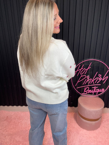 The Sophie Glam Heart Sweater in Ivory/Pink
