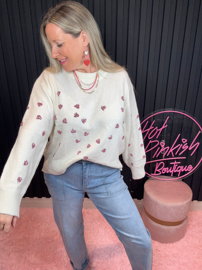 The Sophie Glam Heart Sweater in Ivory/Pink