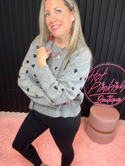 The Sophie Glam Heart Sweater in Grey/Black