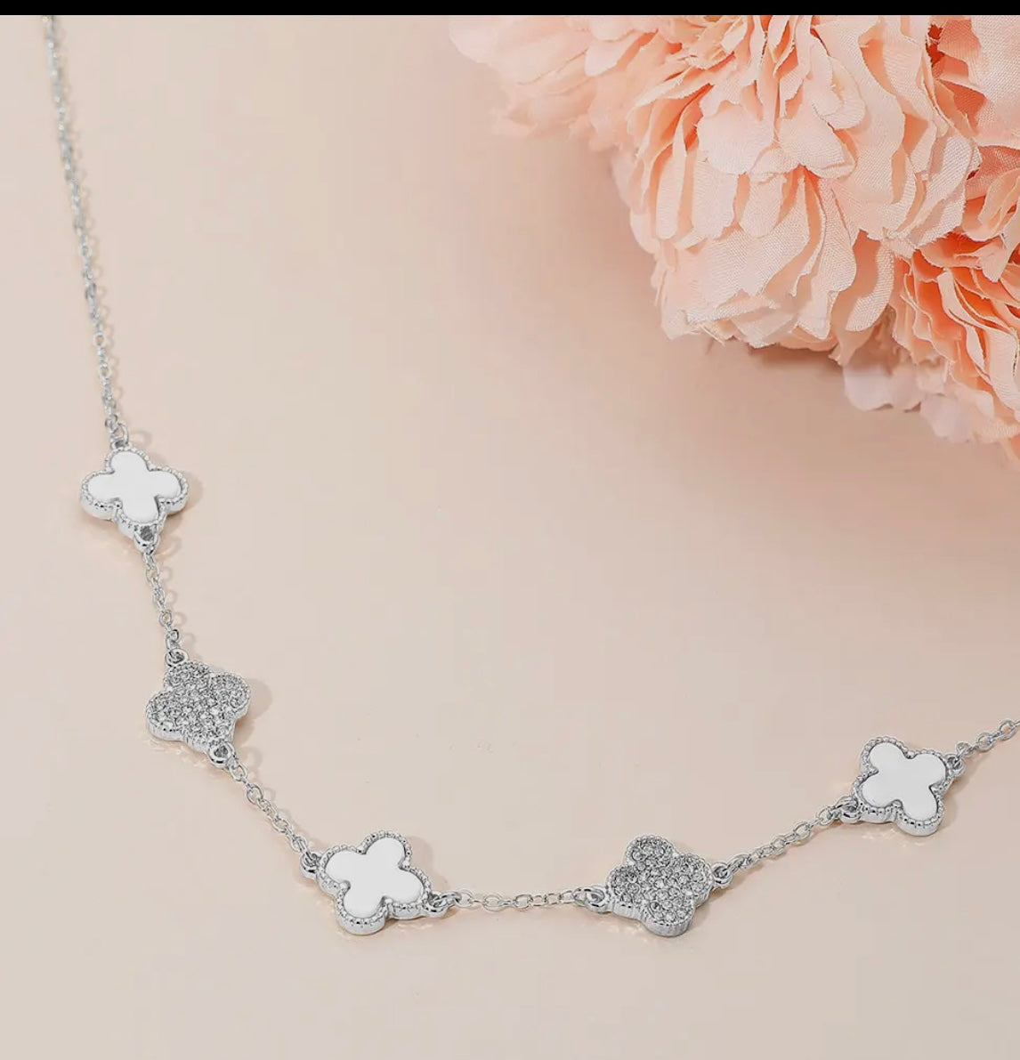 Silver & White Quatrefoil Necklace