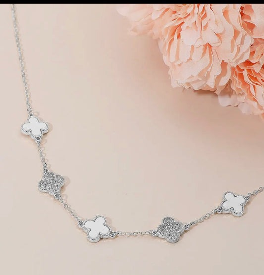 Silver & White Quatrefoil Necklace