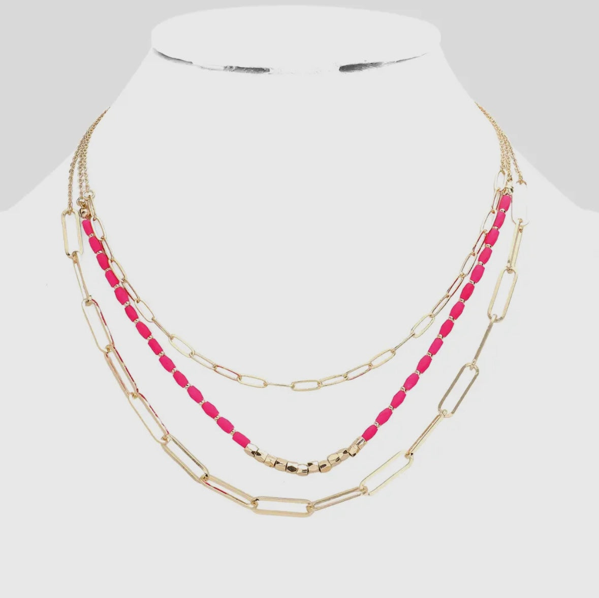 Pink & Gold Beaded/Paperclip Three Layered Necklace