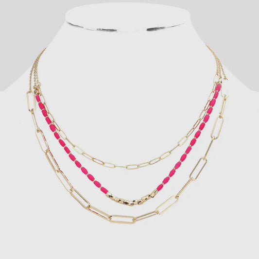 Pink & Gold Beaded/Paperclip Three Layered Necklace