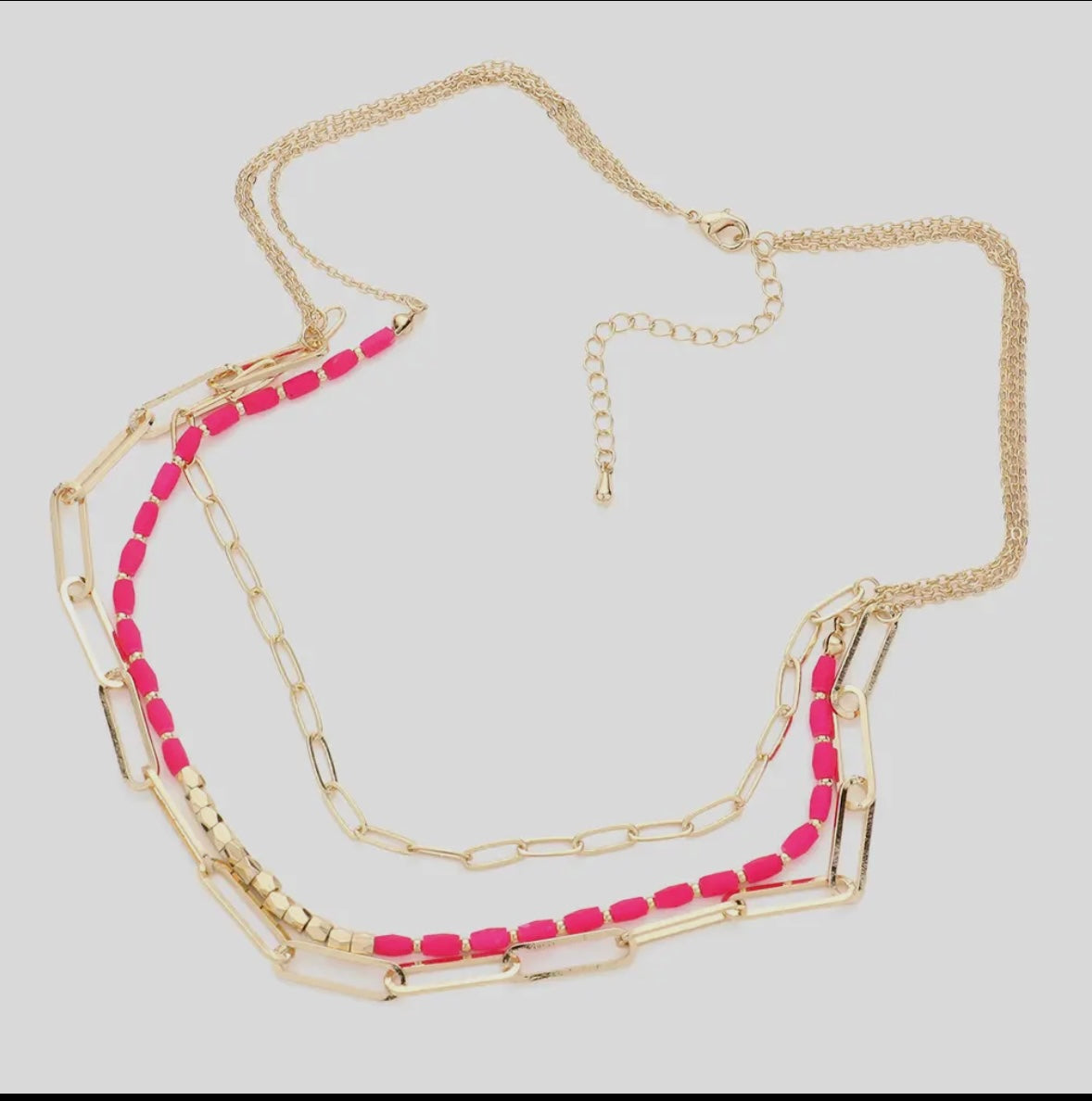 Pink & Gold Beaded/Paperclip Three Layered Necklace