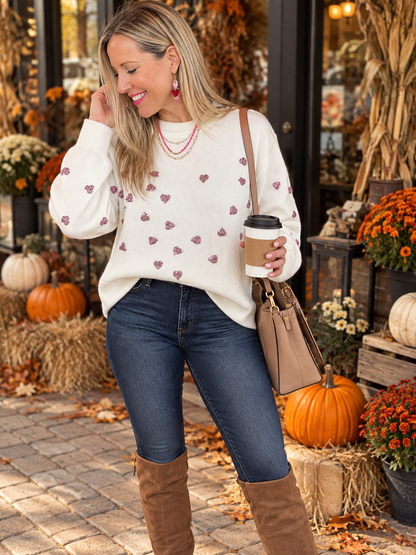 The Sophie Glam Heart Sweater in Ivory/Pink