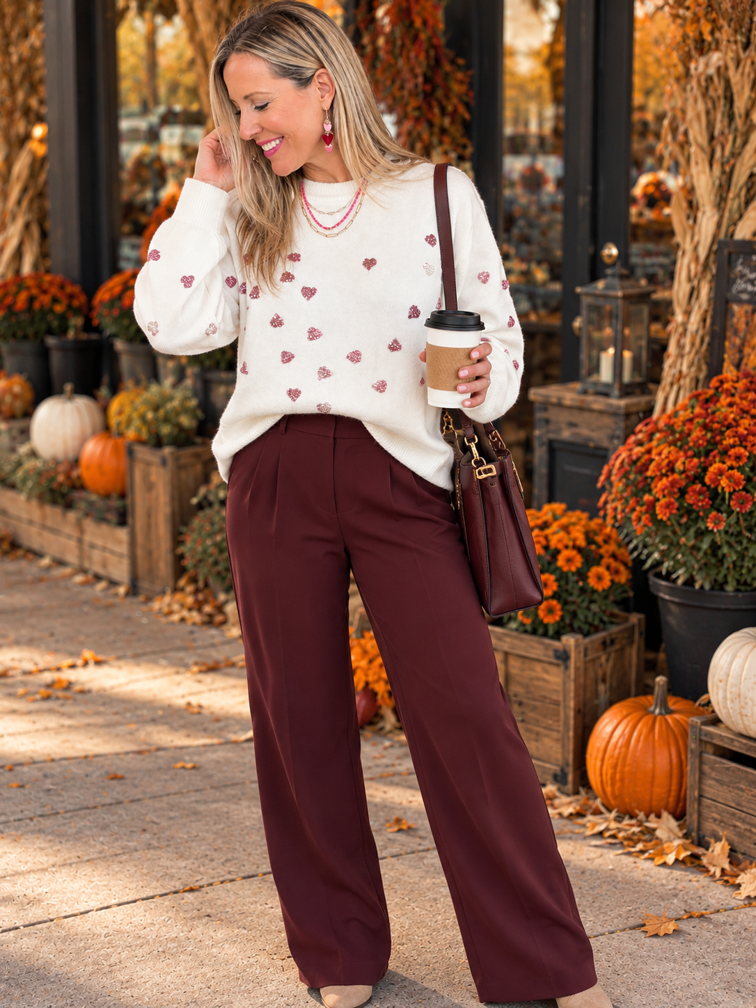 The Sophie Glam Heart Sweater in Ivory/Pink