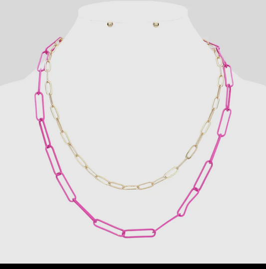 Fushia & Gold Paper Clip Layered Necklace