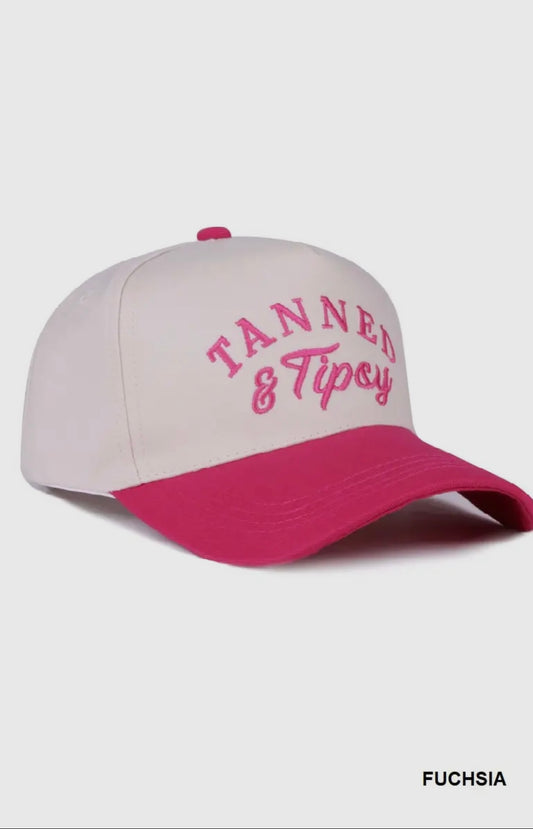 Tanned & Tipsy Embroidered Hat: Hot Pink