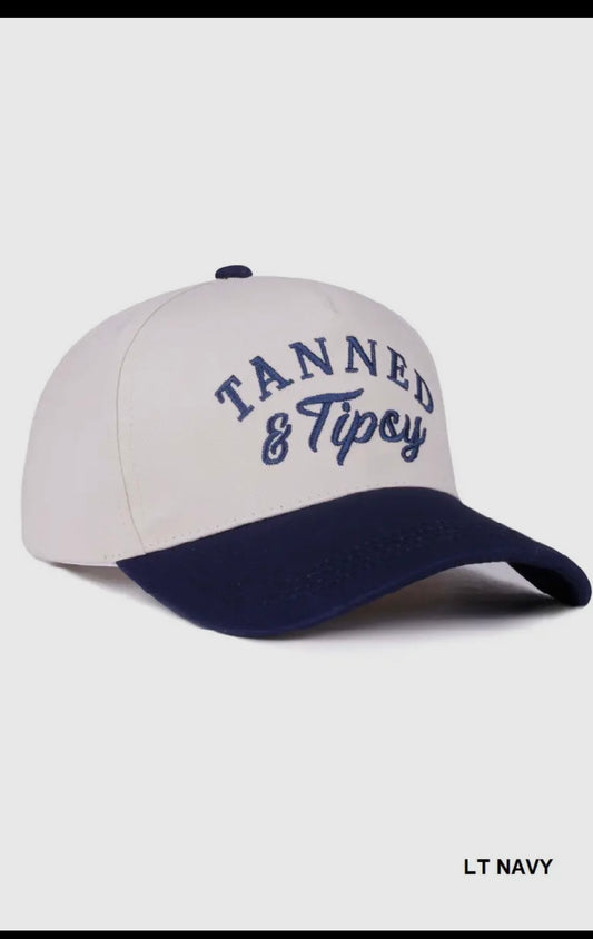 Tanned & Tipsy Embroidered Hat: Light Navy