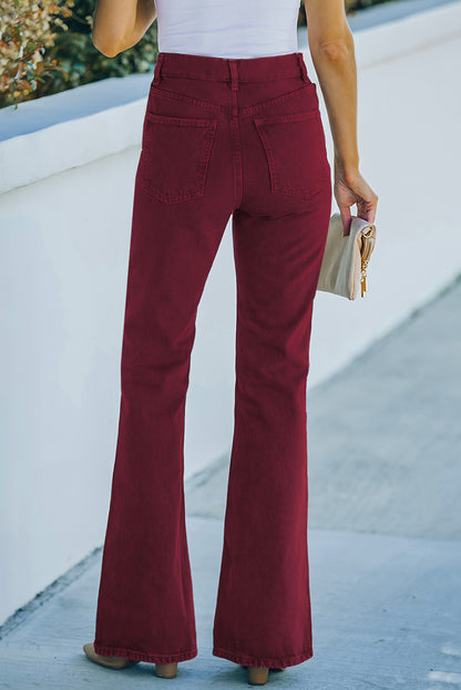 Washed Bell Bottom Flare Pants with Pockets in Burgundy